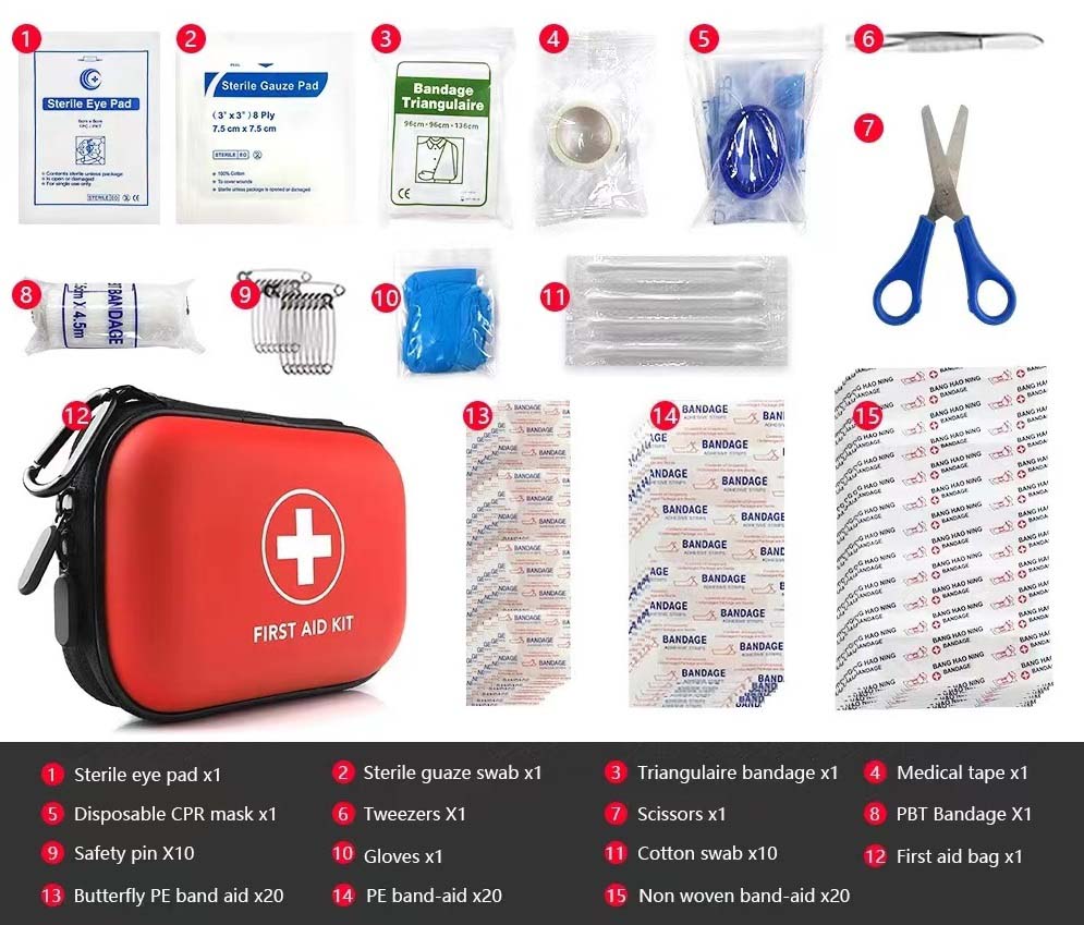 first aid bag with scissors, gloves, and tweezers,PBT bandage,cotton swab